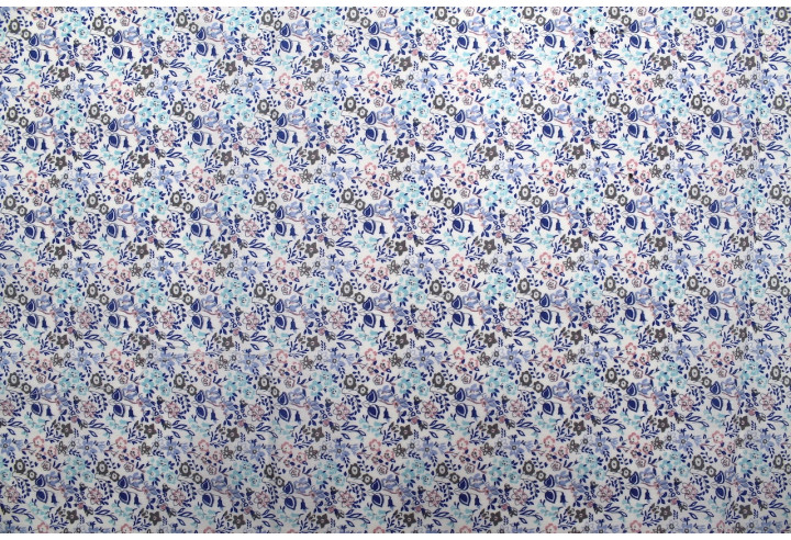 Tissu Popeline Coton Imprimé Fleur Céline Bleu -Au Mètre