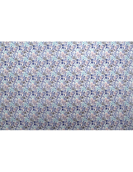 Tissu Popeline Coton Imprimé Fleur Céline Bleu -Au Mètre
