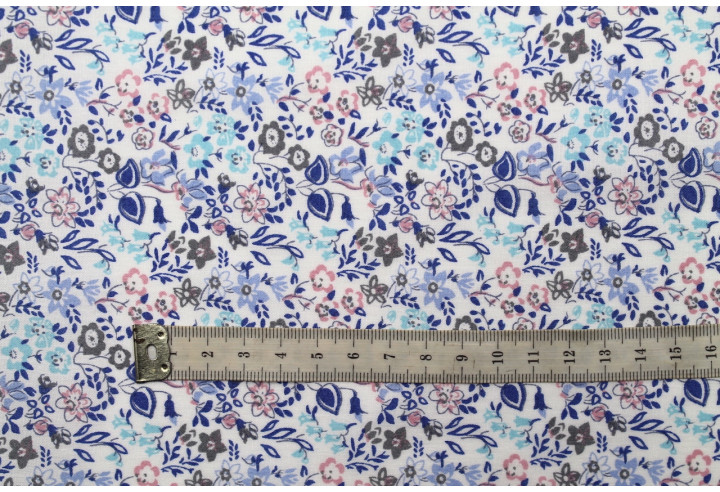 Tissu Popeline Coton Imprimé Fleur Céline Bleu -Au Mètre