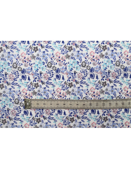 Tissu Popeline Coton Imprimé Fleur Céline Bleu -Au Mètre