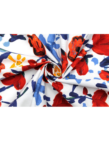 Tissu Popeline Coton Imprimé Fleur Peinte Blanc -Au Mètre