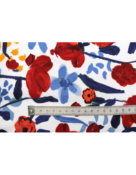 Tissu Popeline Coton Imprimé Fleur Peinte Blanc -Au Mètre