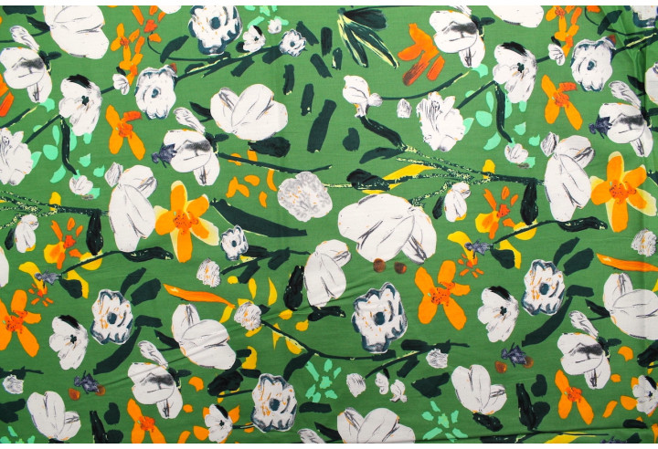 Tissu Popeline Coton Imprimé Fleur Peinte Tilleul -Au Mètre