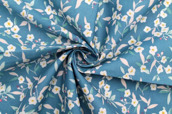 Tissu Popeline Coton Imprimé Fleur Filante Bleu -Au Mètre