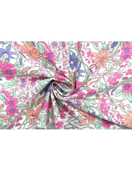 Tissu Popeline Coton Imprimé Fleur Cléa Rose -Au Mètre