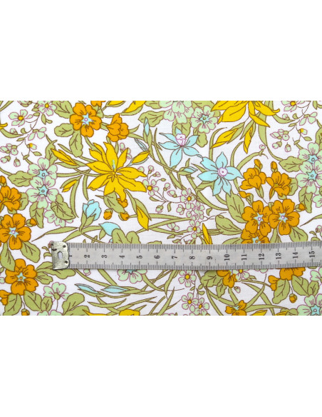 Tissu Popeline Coton Imprimé Fleur Cléa Jaune -Au Mètre