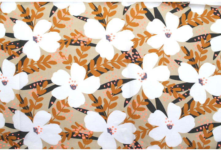 Tissu Popeline Coton Imprimé Fleur Océanne Beige -Au Mètre