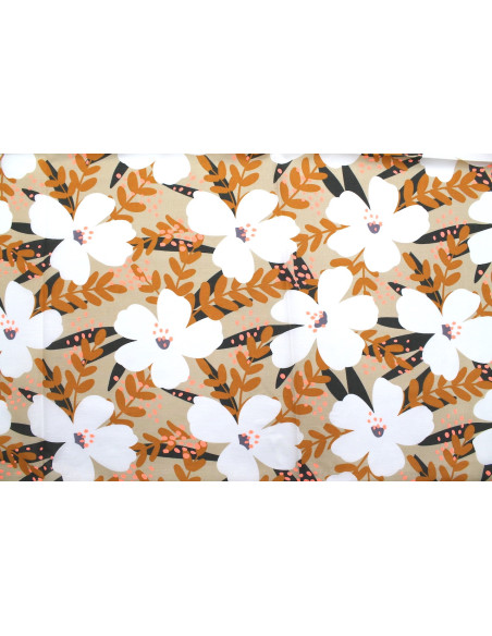 Tissu Popeline Coton Imprimé Fleur Océanne Beige -Au Mètre