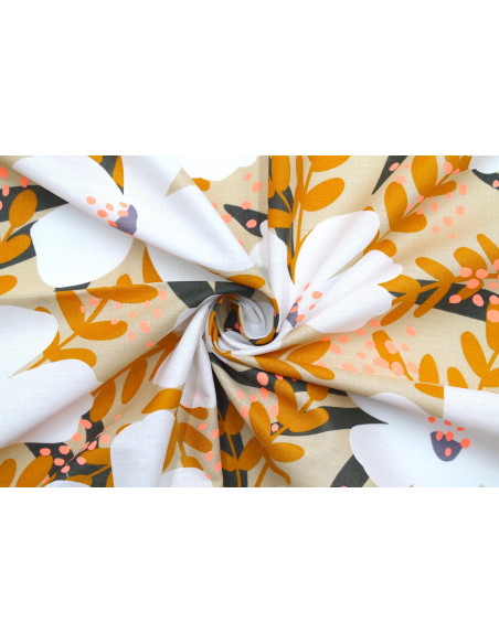 Tissu Popeline Coton Imprimé Fleur Océanne Beige -Au Mètre