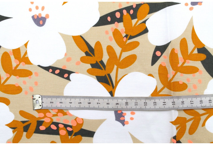 Tissu Popeline Coton Imprimé Fleur Océanne Beige -Au Mètre