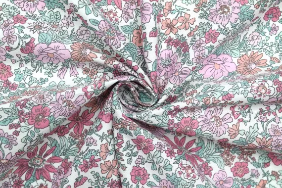 Tissu Popeline Coton Imprimé Fleur Stary Rose -Au Mètre