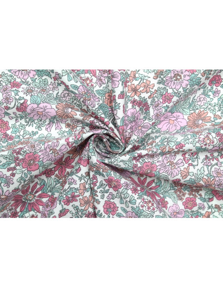 Tissu Popeline Coton Imprimé Fleur Stary Rose -Au Mètre