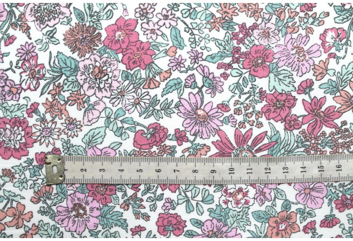 Tissu Popeline Coton Imprimé Fleur Stary Rose -Au Mètre