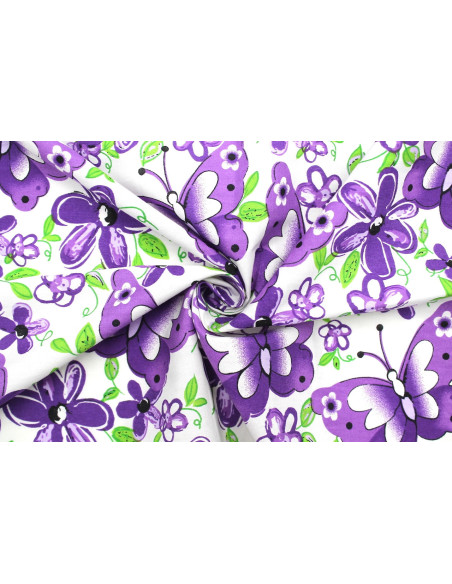 Tissu Popeline Coton Imprimé Papifleur Violet -Au Mètre