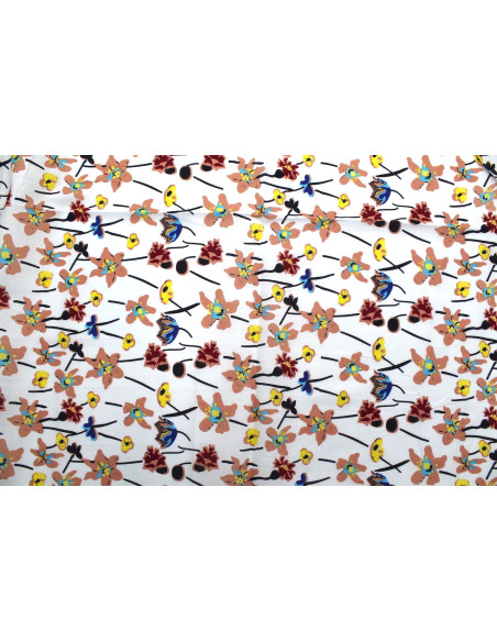 Tissu Popeline Coton Imprimé Fleur Cindy Blanc -Au Mètre