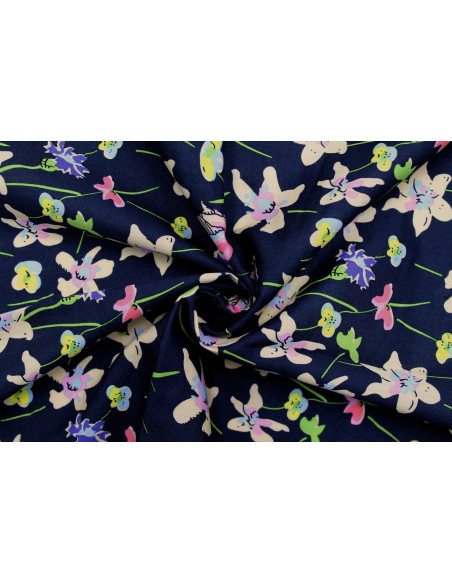 Tissu Popeline Coton Imprimé Fleur Cindy Marine -Au Mètre