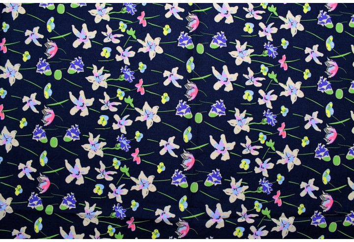 Tissu Popeline Coton Imprimé Fleur Cindy Marine -Au Mètre