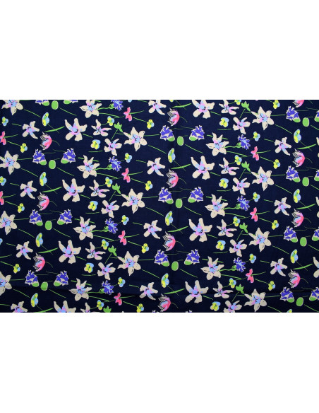 Tissu Popeline Coton Imprimé Fleur Cindy Marine -Au Mètre