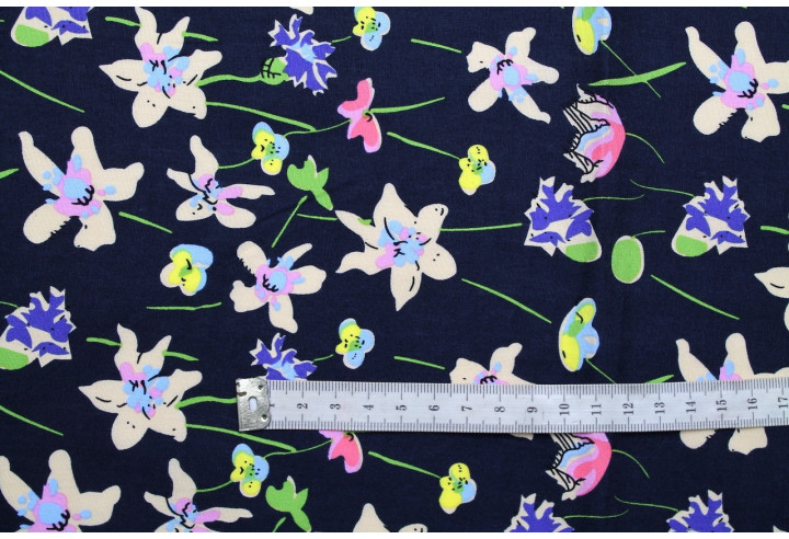 Tissu Popeline Coton Imprimé Fleur Cindy Marine -Au Mètre