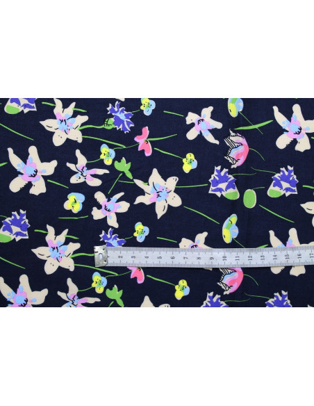 Tissu Popeline Coton Imprimé Fleur Cindy Marine -Au Mètre