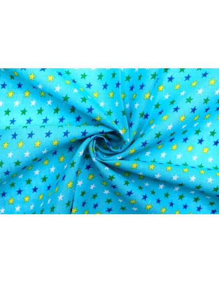 Tissu Popeline Coton Imprimé Fond Turquoise Étoiles colorées -Au Mètre