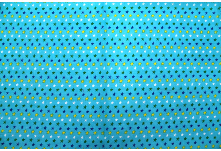 Tissu Popeline Coton Imprimé Fond Turquoise Étoiles colorées -Au Mètre