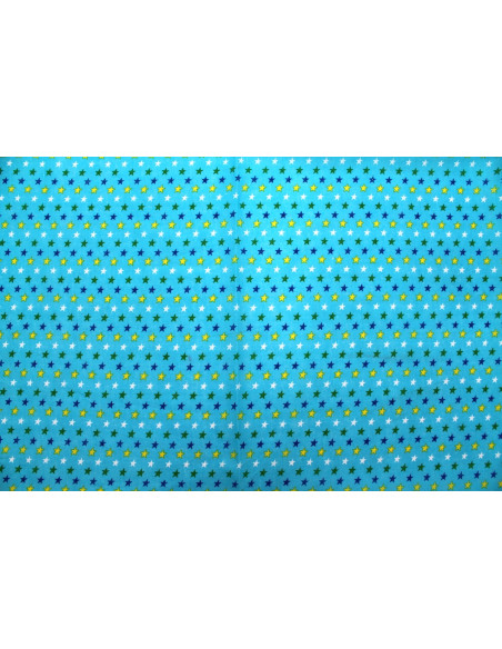 Tissu Popeline Coton Imprimé Fond Turquoise Étoiles colorées -Au Mètre