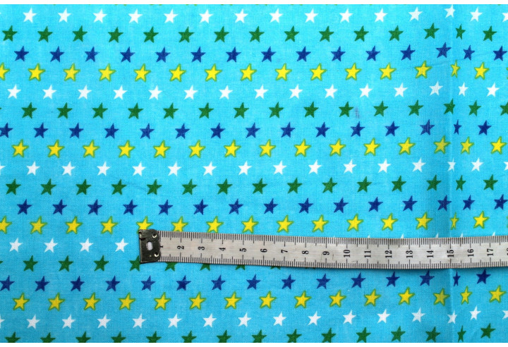 Tissu Popeline Coton Imprimé Fond Turquoise Étoiles colorées -Au Mètre