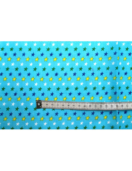 Tissu Popeline Coton Imprimé Fond Turquoise Étoiles colorées -Au Mètre