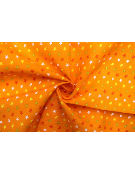 Tissu Popeline Coton Imprimé Fond Orange Étoiles colorées -Au Mètre