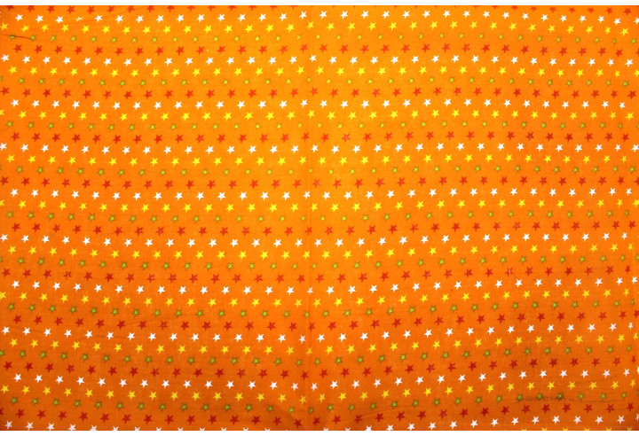 Tissu Popeline Coton Imprimé Fond Orange Étoiles colorées -Au Mètre