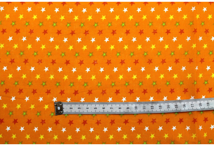 Tissu Popeline Coton Imprimé Fond Orange Étoiles colorées -Au Mètre