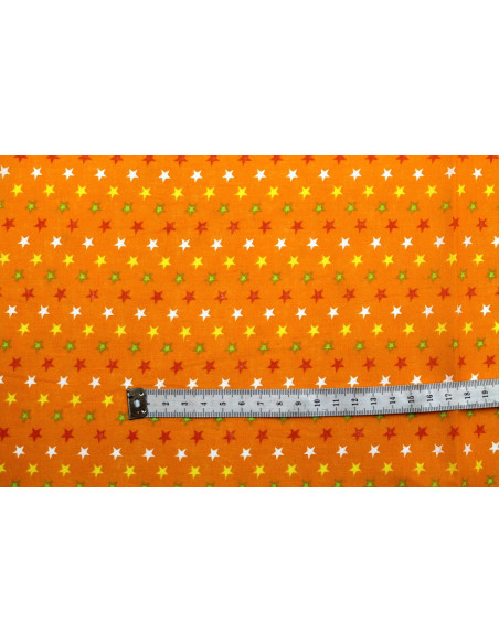 Tissu Popeline Coton Imprimé Fond Orange Étoiles colorées -Au Mètre