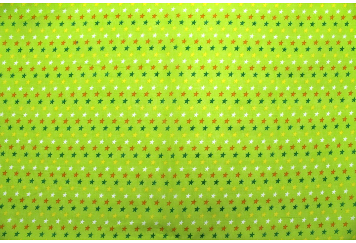 Tissu Popeline Coton Imprimé Fond Vert Anis Étoiles colorées -Au Mètre