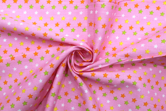 Tissu Popeline Coton Imprimé Fond Rose Étoiles colorées -Au Mètre