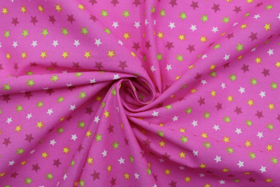 Tissu Popeline Coton Imprimé Fond Fuchsia Étoiles colorées -Au Mètre