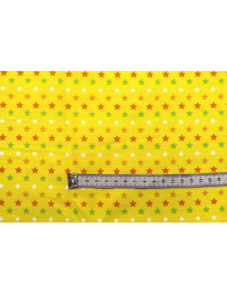 Tissu Popeline Coton Imprimé Fond Jaune Étoiles colorées -Au Mètre