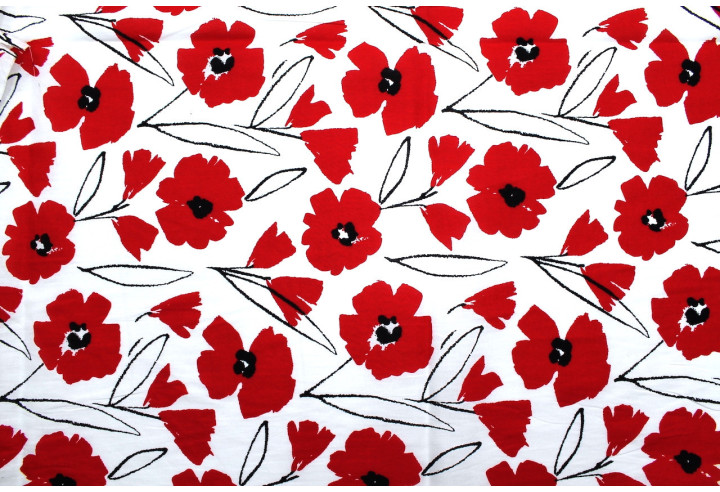 Tissu Popeline Coton Imprimé Fleur Hevel Rouge -Au Mètre