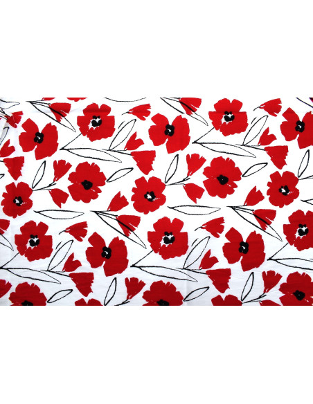 Tissu Popeline Coton Imprimé Fleur Hevel Rouge -Au Mètre