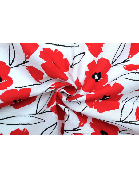 Tissu Popeline Coton Imprimé Fleur Hevel Rouge -Au Mètre
