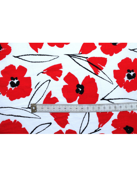 Tissu Popeline Coton Imprimé Fleur Hevel Rouge -Au Mètre