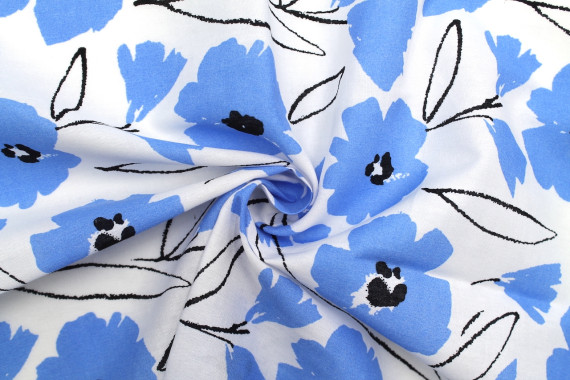 Tissu Popeline Coton Imprimé Fleur Hevel Bleu -Au Mètre