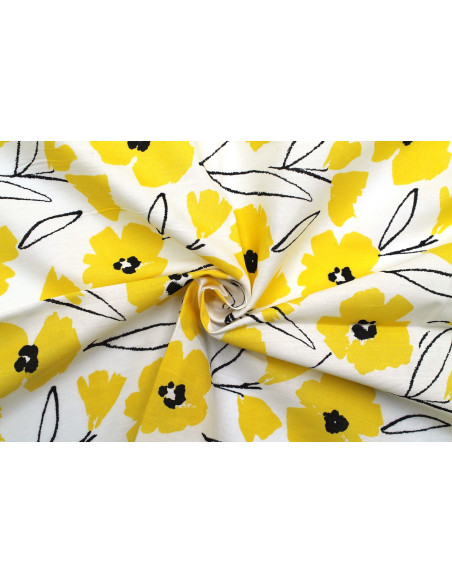 Tissu Popeline Coton Imprimé Fleur Hevel Jaune -Au Mètre