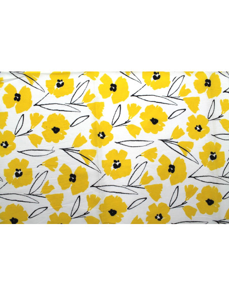 Tissu Popeline Coton Imprimé Fleur Hevel Jaune -Au Mètre