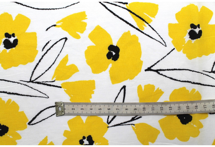 Tissu Popeline Coton Imprimé Fleur Hevel Jaune -Au Mètre