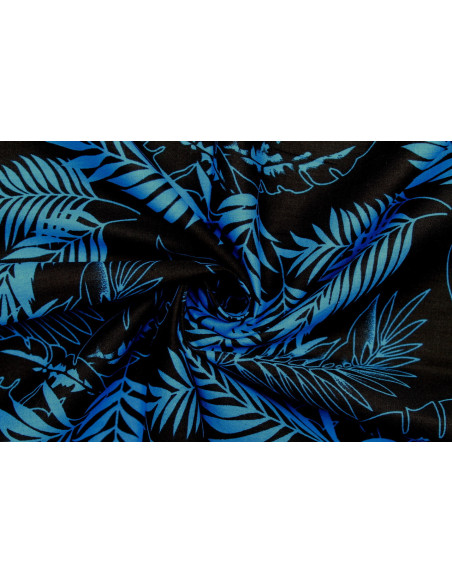 Tissu Popeline Coton Imprimé Plumo Noir/Bleu -Au Mètre