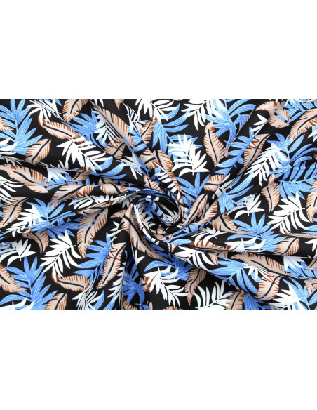 Tissu Popeline Coton Imprimé Palmy Noir/Bleu/Choco -Au Mètre