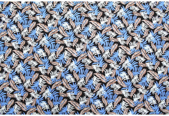 Tissu Popeline Coton Imprimé Palmy Noir/Bleu/Choco -Au Mètre