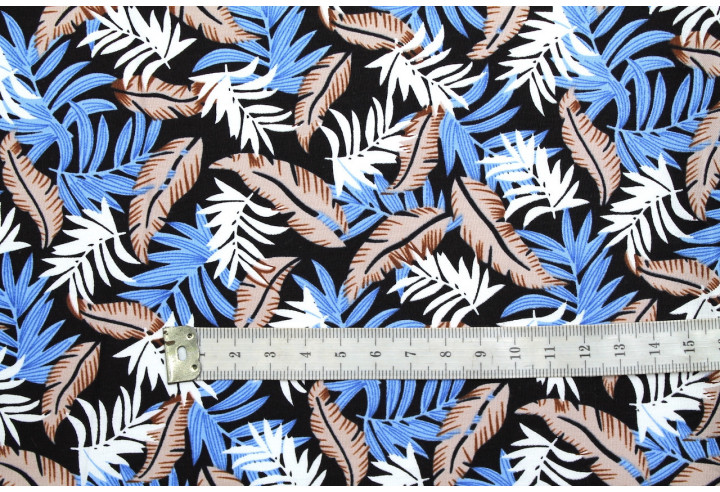 Tissu Popeline Coton Imprimé Palmy Noir/Bleu/Choco -Au Mètre