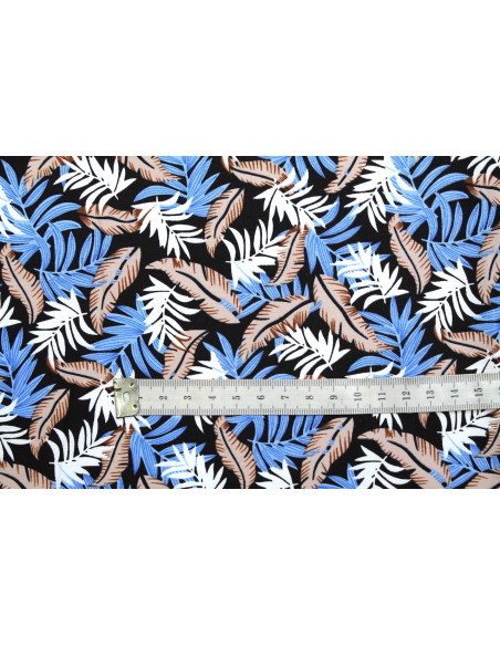 Tissu Popeline Coton Imprimé Palmy Noir/Bleu/Choco -Au Mètre
